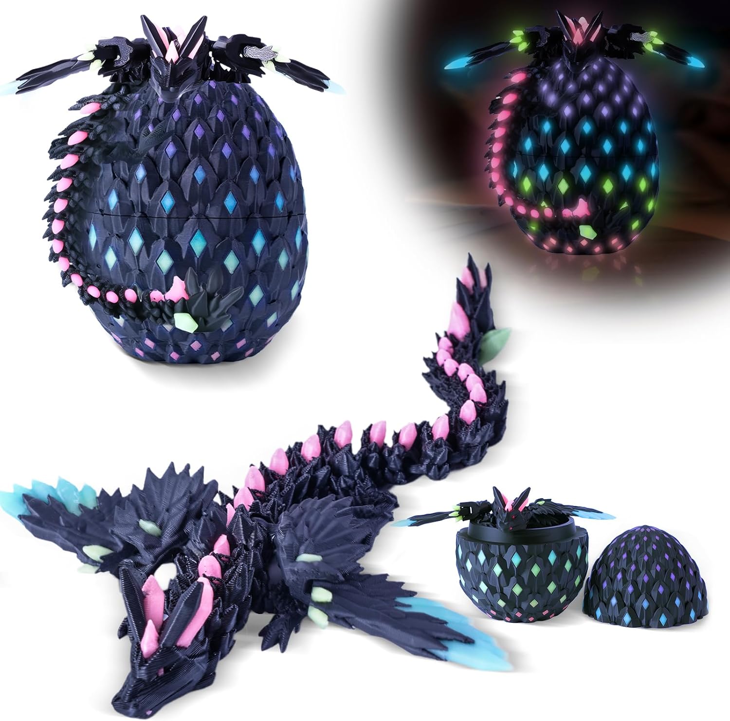 3D Printed Easter Dragon Eggs with Wings Rainbow Glow in The Dark Cool,Articulated Crystal Animals Fidget Toy,Stuff Fun Prefilled Easter Basket Stuffers Toy Gifts for Kids
