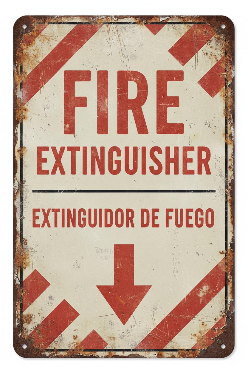 Wall Decor Bilingual Fire Safety Sign, Fire Extinguisher Metal Sign 8 X 12 Inches Clear Signage For S, Fences Vintage Signs Aluminum Plates Printed
