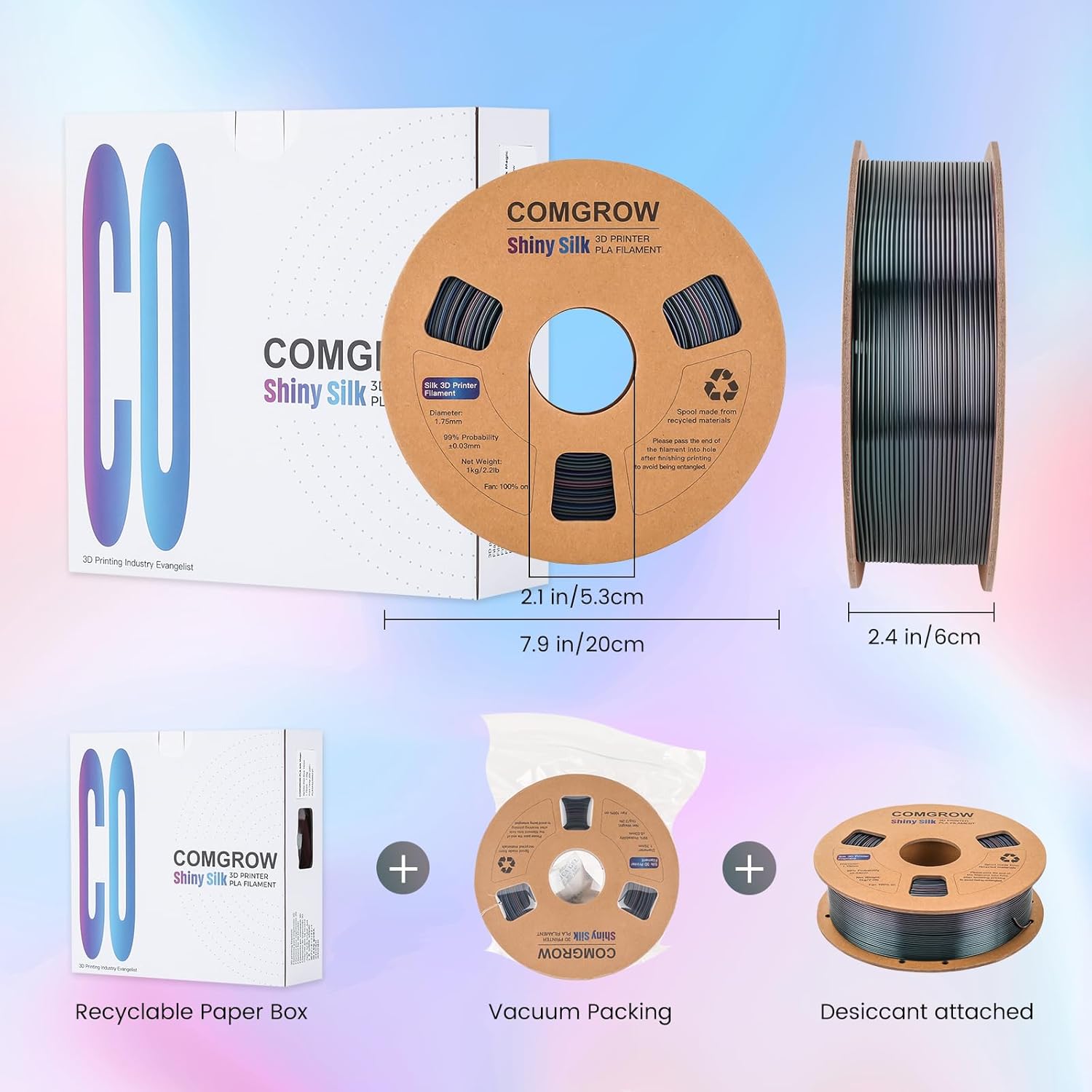 Comgrow Rainbow Colors Silk PLA 3D Printer Filament, PLA Filament 1.75mm, Dimensional Accuracy +/- 0.02 mm, 1KG Spool, Coextrusion 3D Filament with Shiny Silk Rainbow Universe - Image 4
