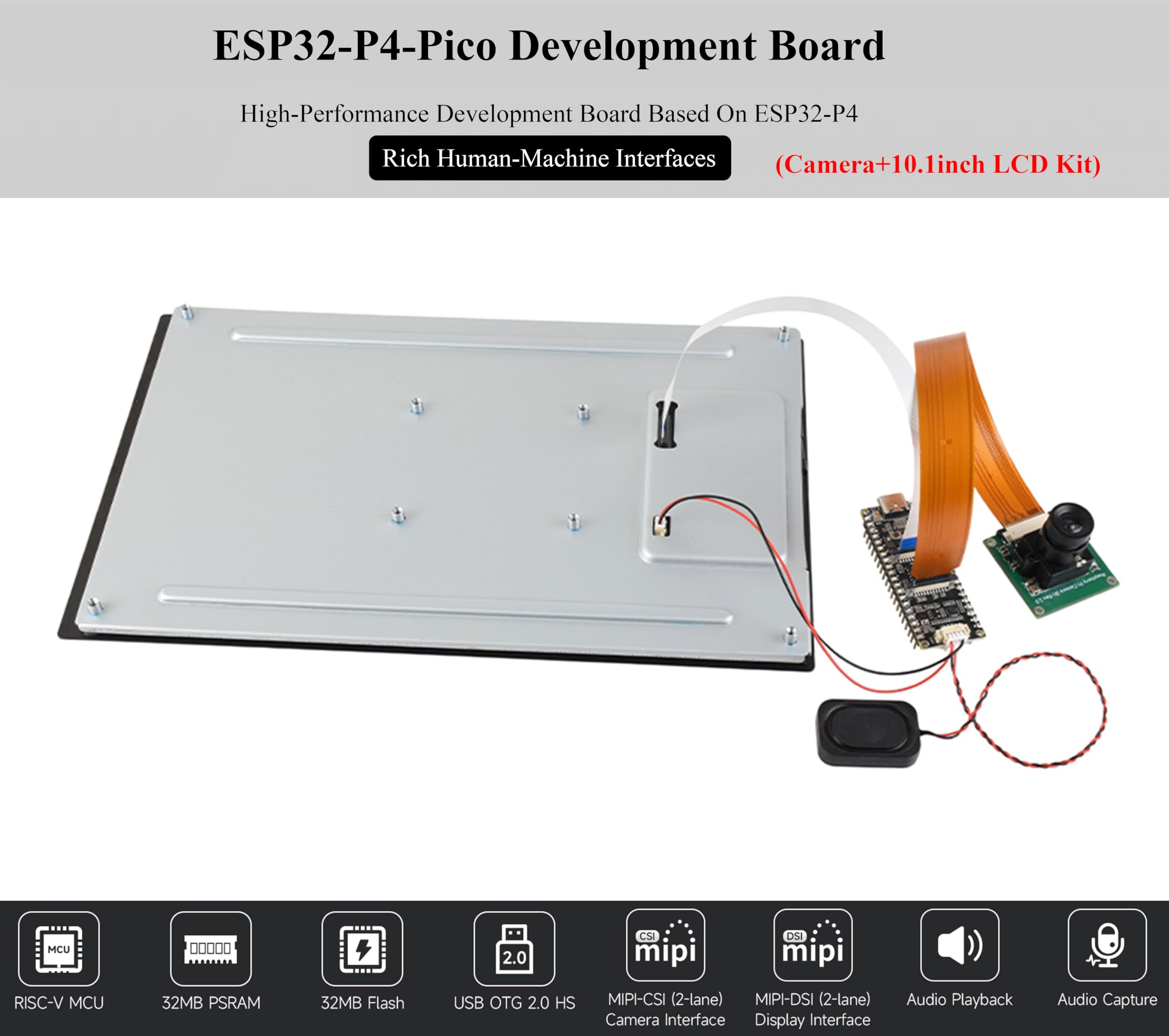 ESP32-P4-Pico Development Board, Based On ESP32-P4, Rich Human-Machine Interfaces-Display/Camera Interface, Speaker Header,etc. Bundle with Board, Camera, Speaker, DSI 10.1inch DSI Touch LCD-12 Items