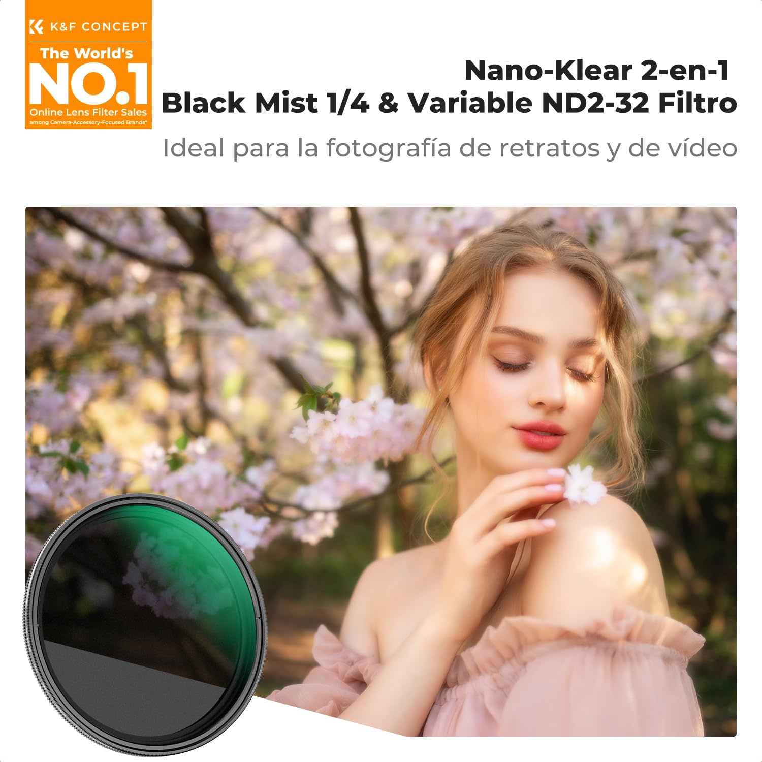 K&F CONCEPT Nano-Klear 52mm Filtro Black-Mist 1/4 & ND2-32 | Filtro Black Diffusion 1/4 & ND2-32 Variable Filtro de Vidrio Óptico con Nano Revestimiento con 3Pcs Paño Limpiez - FA303