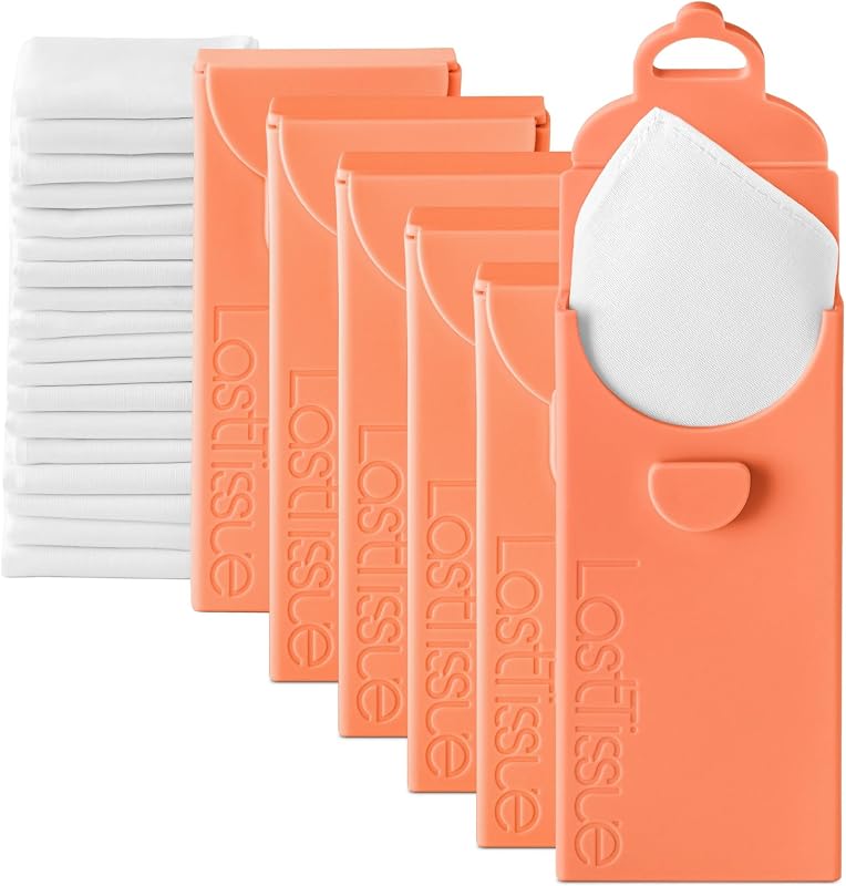 LastTissue Lenços de Algodão Reutilizáveis, Pacote com 6, com Estojo – Peach