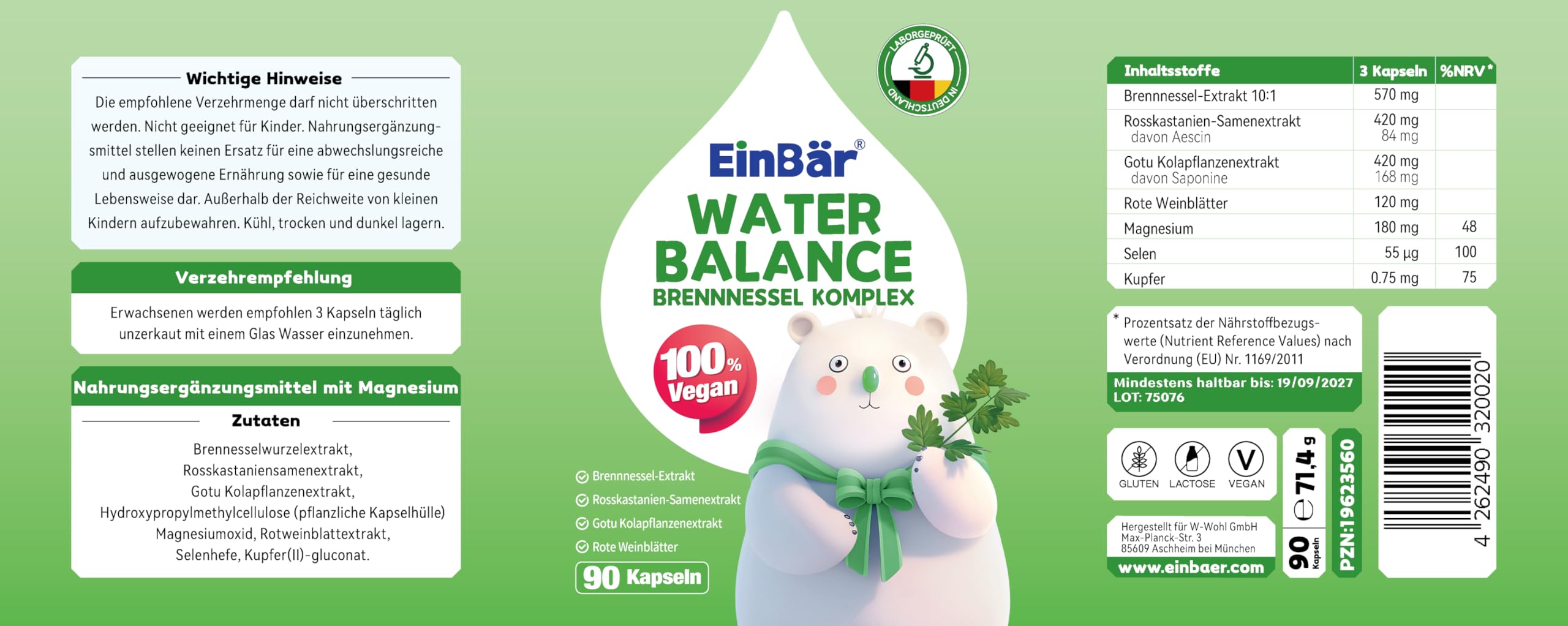 Wasserbalance 7 in 1 Brennnessel-Komplex mit Magnesium, Rosskastanie & Gotu Kola 90 vegane Kapseln laborgeprüft Entwässerungstabletten