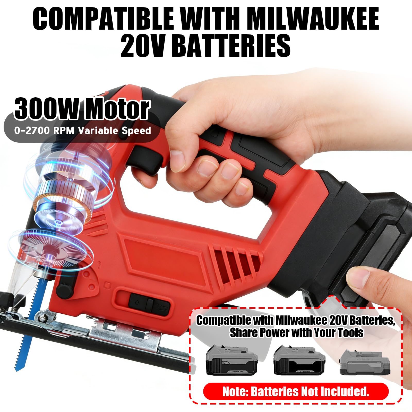 Scie Sauteuse Sans Fil 20V, Scie Sauteuse Électrique 300W, Vitesse Variable 0-2700 tr/min et Biseau 0-45°, Réglage à 4 Vitesses, Compatible avec Milwaukee, avec 15 Lames (Batterie Non Incluse)