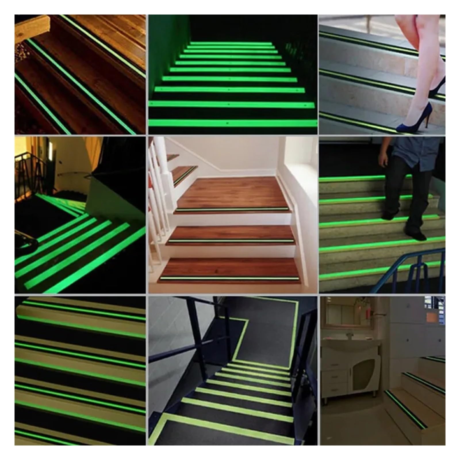 Cinta de agarre antideslizante luminosa que brilla en la oscuridad, cintas tracción antideslizantes para Escaleras(10M)