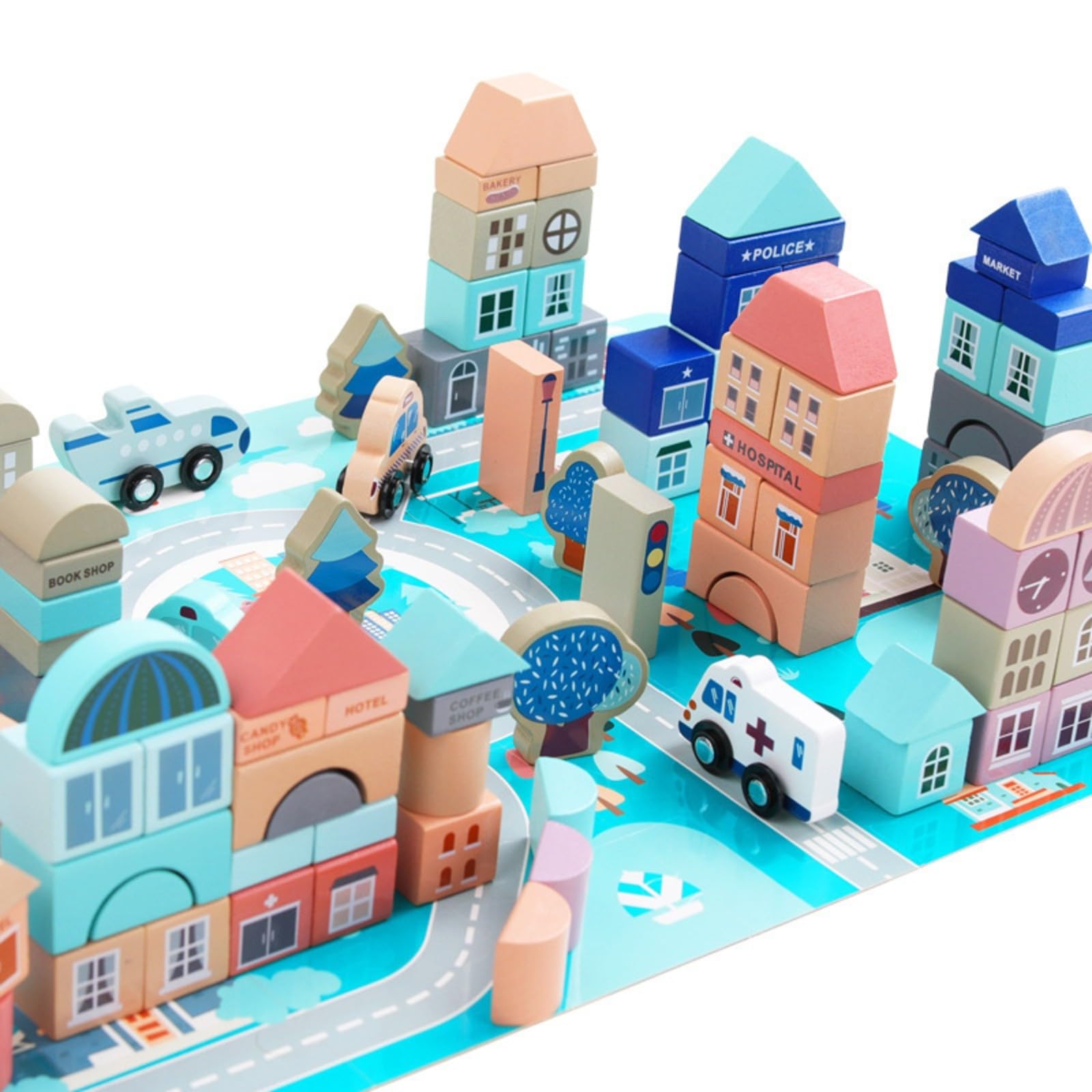 Amagogo 133 Pezzi Città Giocattolo in Legno Naturale, Blocchi di Legno per Bambini, Durevole, Blocco, Asilo, Genitori