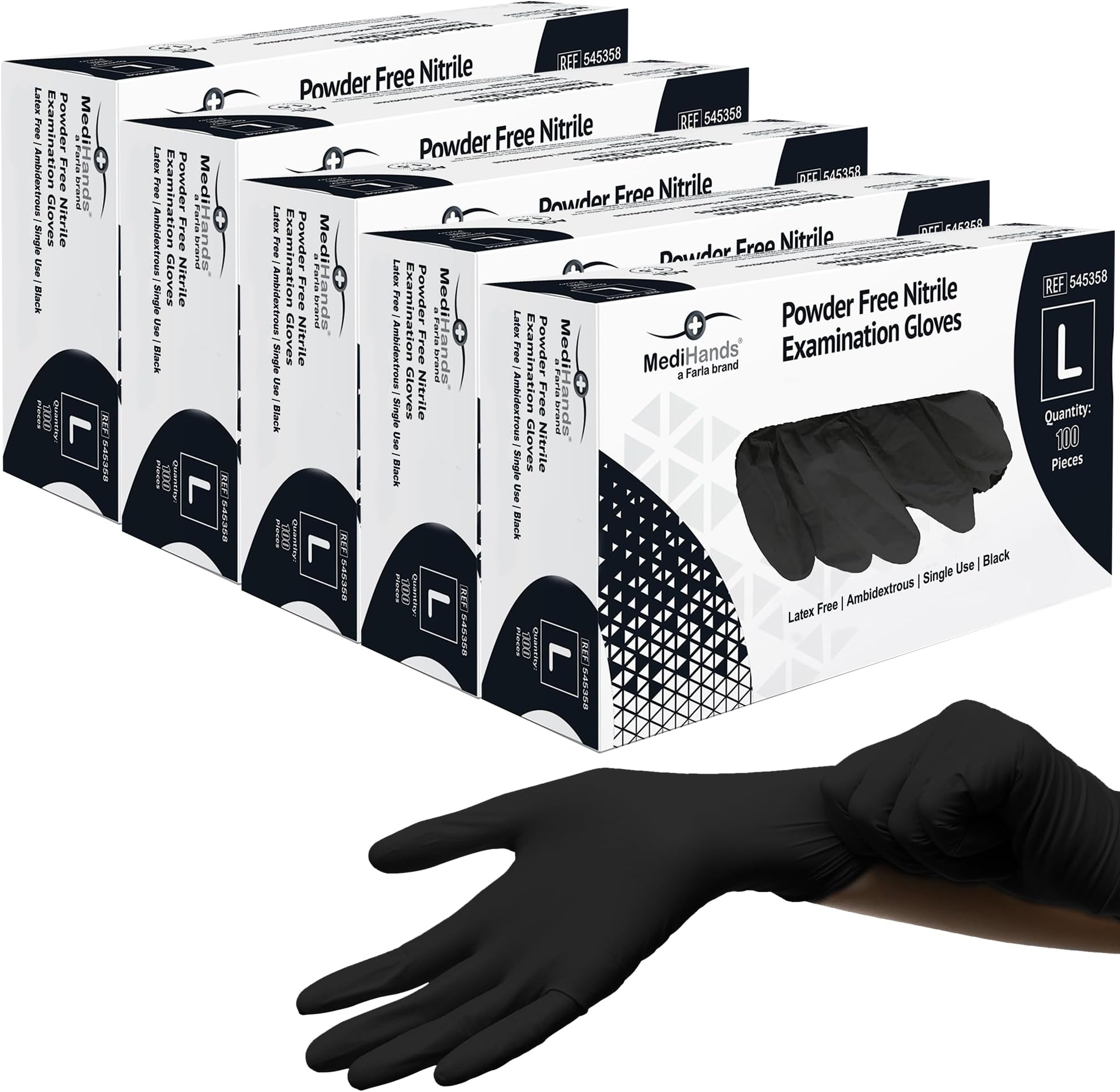 MediHands Disposable Large Nitrile Gloves - Powder Free and Latex Free Surgical Gloves - Multi-Purpose, Single Use Medical Gloves - Box of 500, Black