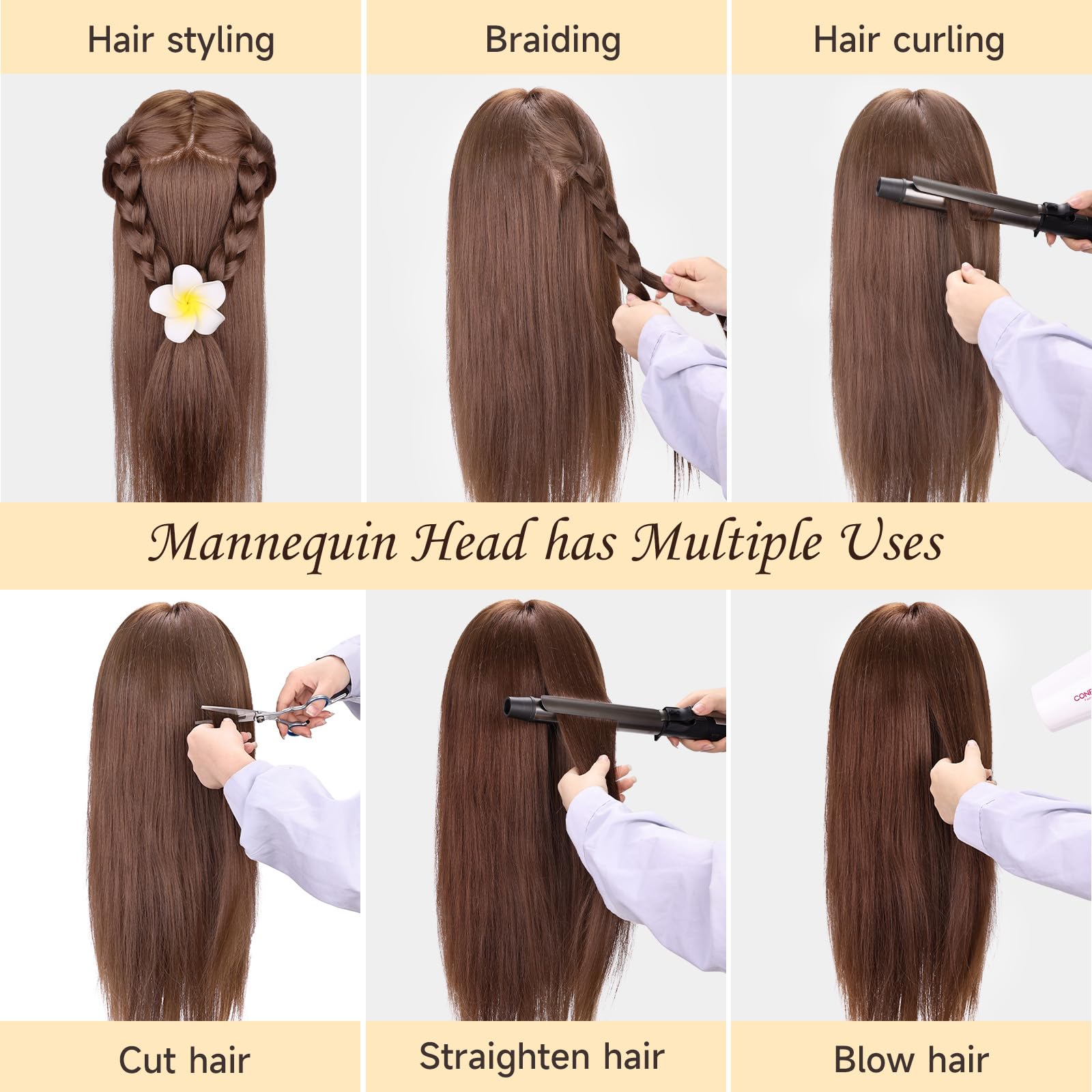 Cabeza de Peluqueria, Yofuly 26inch Cabeza Maniquí, 80% Cabello Humano, Cabeza Práctica Modelo Maniqui de Cosmetología con Abrazadera de Mesa y Juego de Trenzas de Cabello DIY Maniquí (castaño claro) — view 6