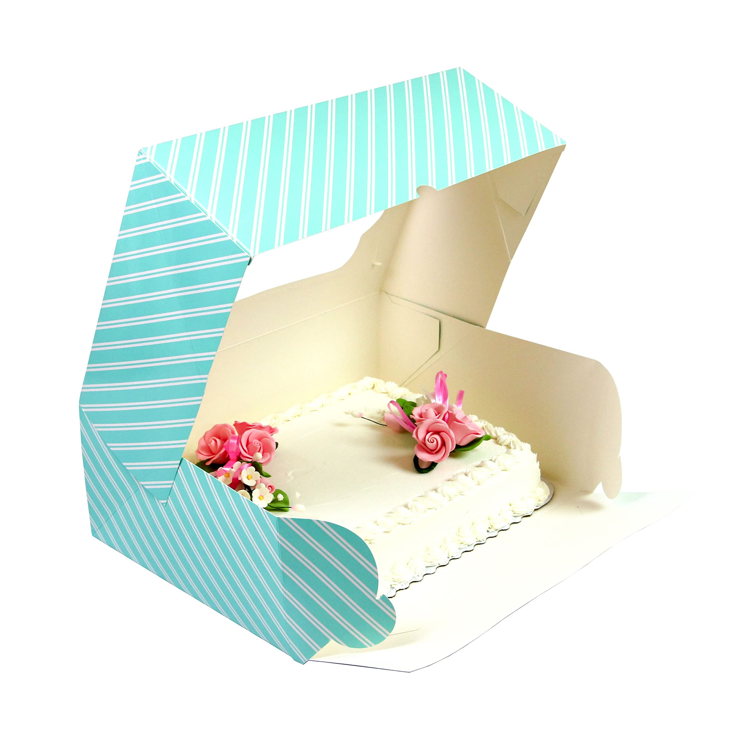 Global Sugar Art Caja de 12 cupcakes con ventana e inserciones para cupcakes, diseño de rayas azules de 14 x 10 x 4 pulgadas, 5 unidades