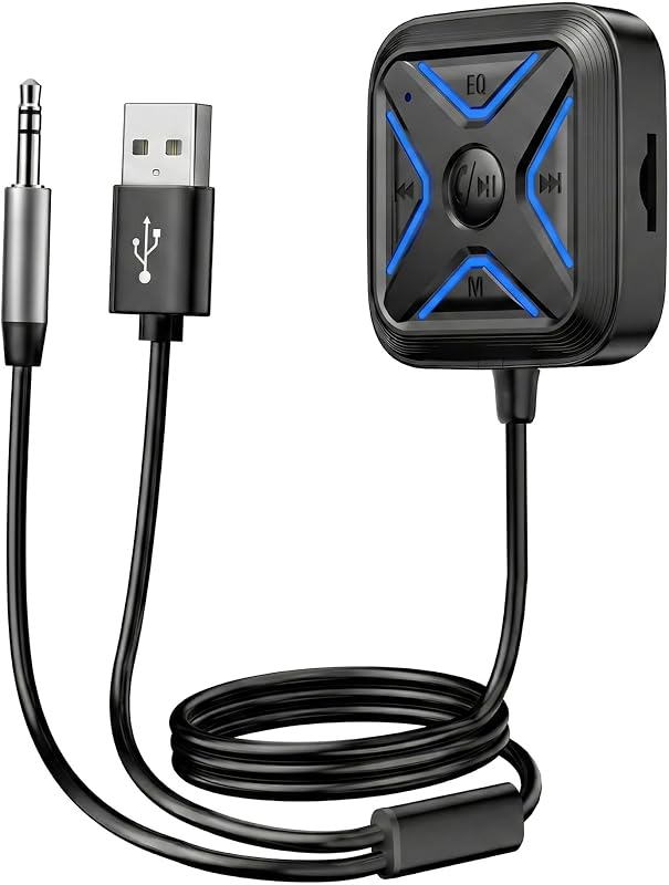 Adaptador Auxiliar para auto Bluetooth 5.3 con Cancelación de Ruido, Botón Multifunción | Adaptador de audio de 3,5 mm Receptor Bluetooth para llamadas manos libres, música y audio estéreo, Plug-and-Play, conexión mejorada
