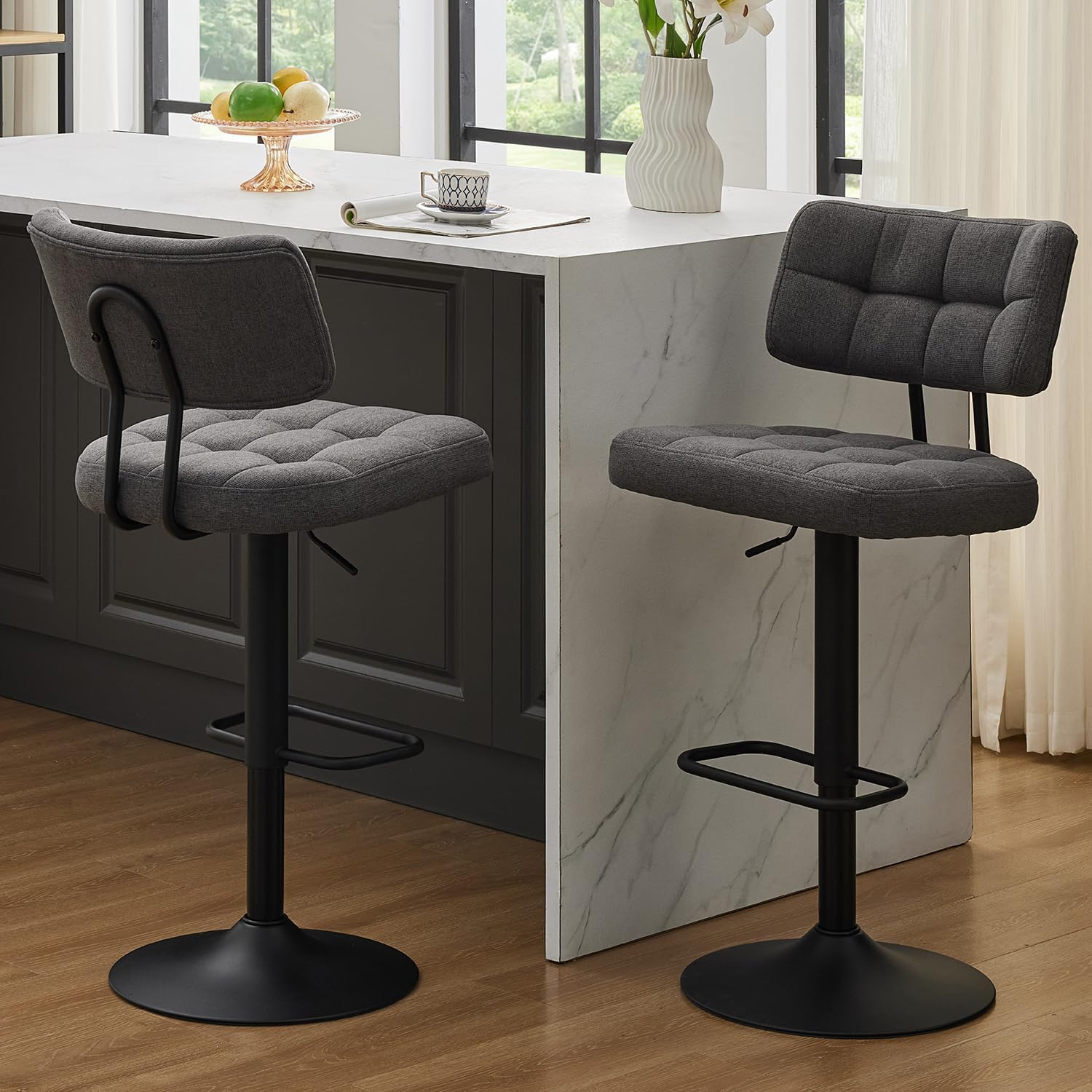 Modern Bar Stools Set of 2 Faux Linen and Permeability is Good, Upholstered Swivel Barstools with Back, Adjustable Bar Chairs Counter Height for Kitchen Island, Dining Space