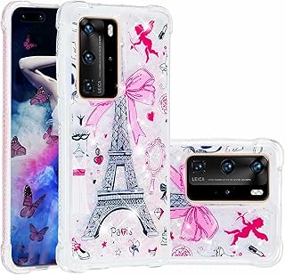 Ttimao Compatible with Huawei P40 Pro/Pro Plus Case Glitter Floating Liquid Quicksand Shockproof Cover Transparent Soft Silicone TPU Four Corners Anti-Fall Bumper Cover-Mirror Tower