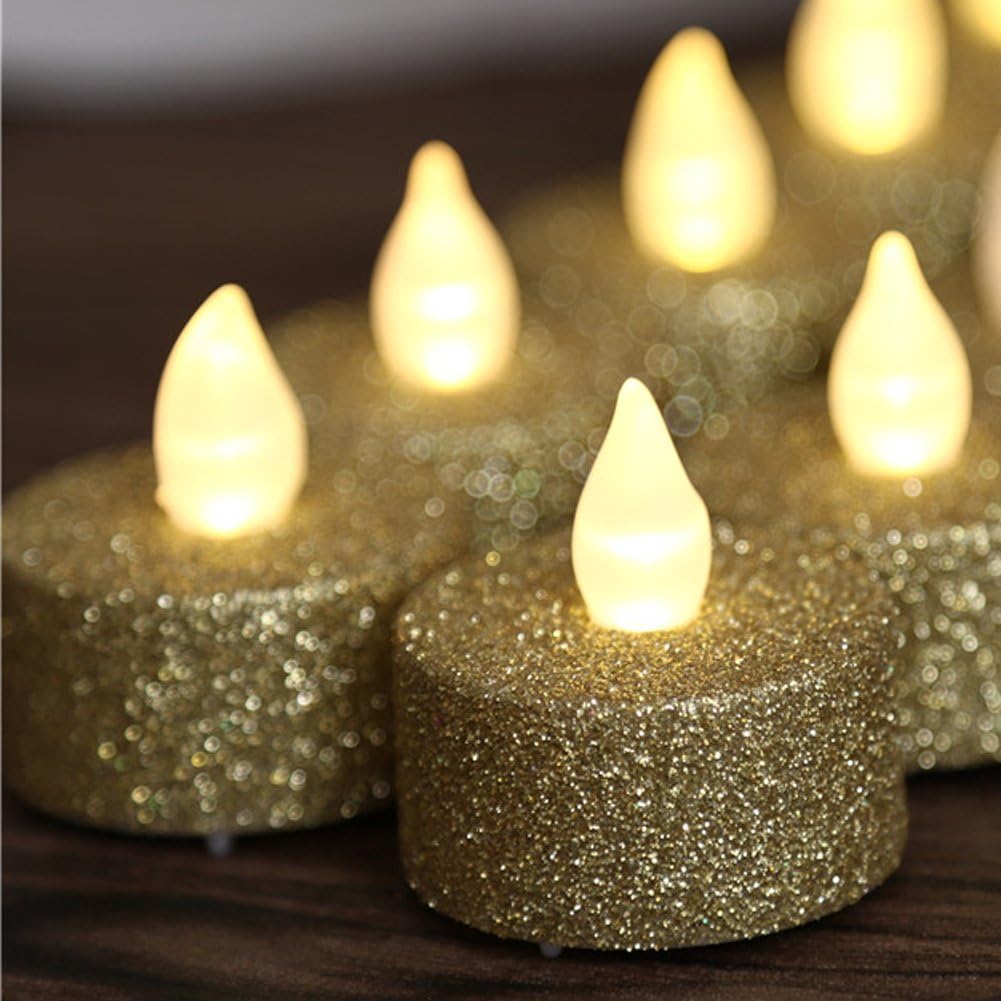 LOGUIDE Led Flameless Flickering Candles Tealight 100+ Hours of Lighting Battery Votive Wedding Christmas Decoration Candles Gold(Led show Warmwhite color)-12