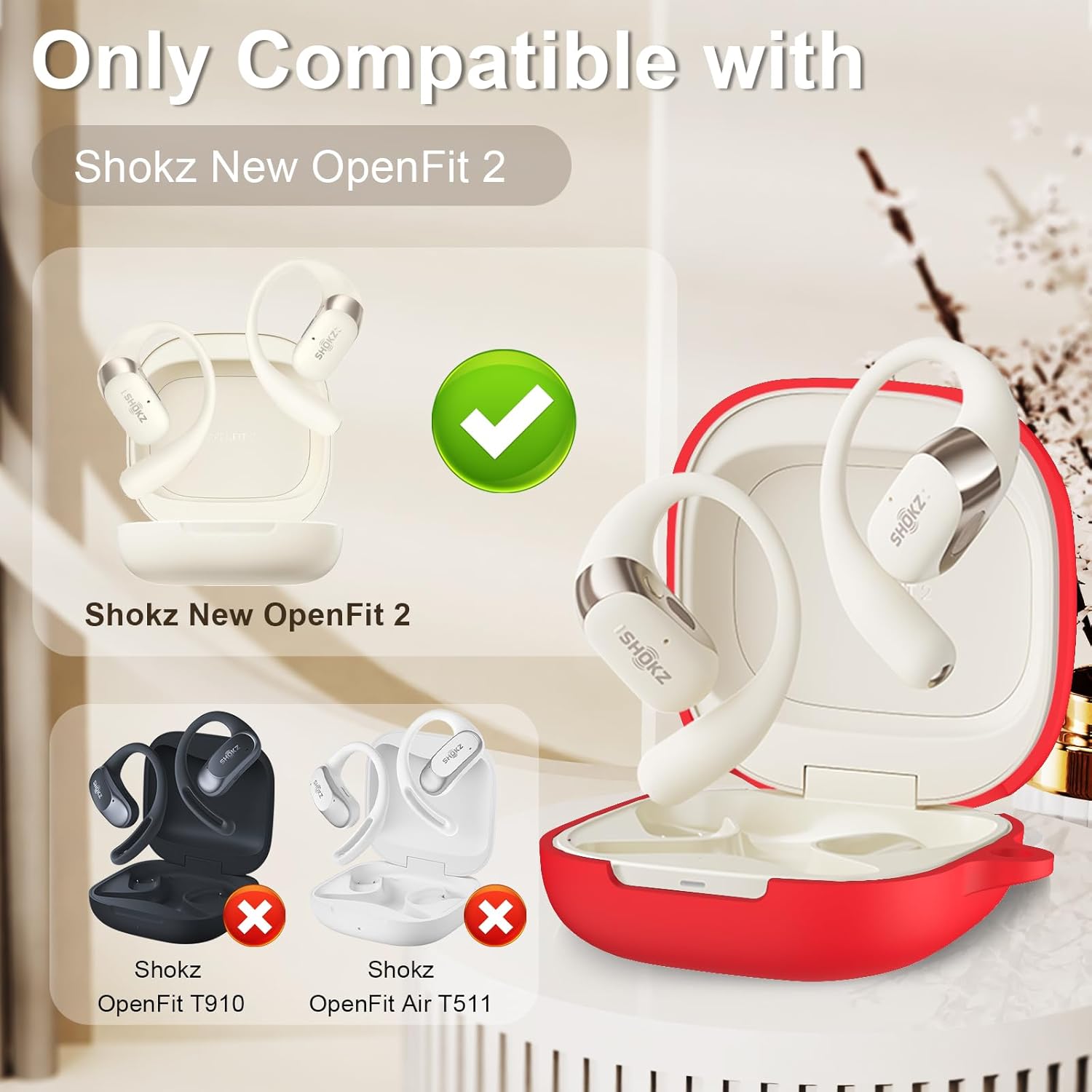 Compatible with Shokz New OpenFit 2 Case Cover, Soft Silicone Shockproof Protective Skin Case for Shokz OpenFit 2 Open-Ear Wireless Earbuds with Cleaner Kit & Carabiner (Red) - Image 2