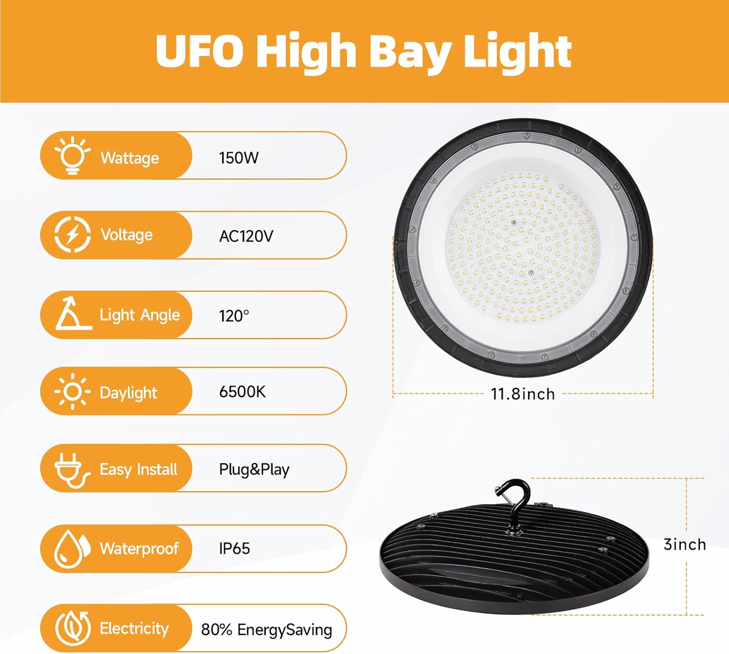 High Bay LED Shop Lights, 1 Pack 150W, 22500LM, 6500K Commercial Bay Lighting with US Hook 5' Cable Safety Rope for Garage Workshop Barn Factory Warehouse