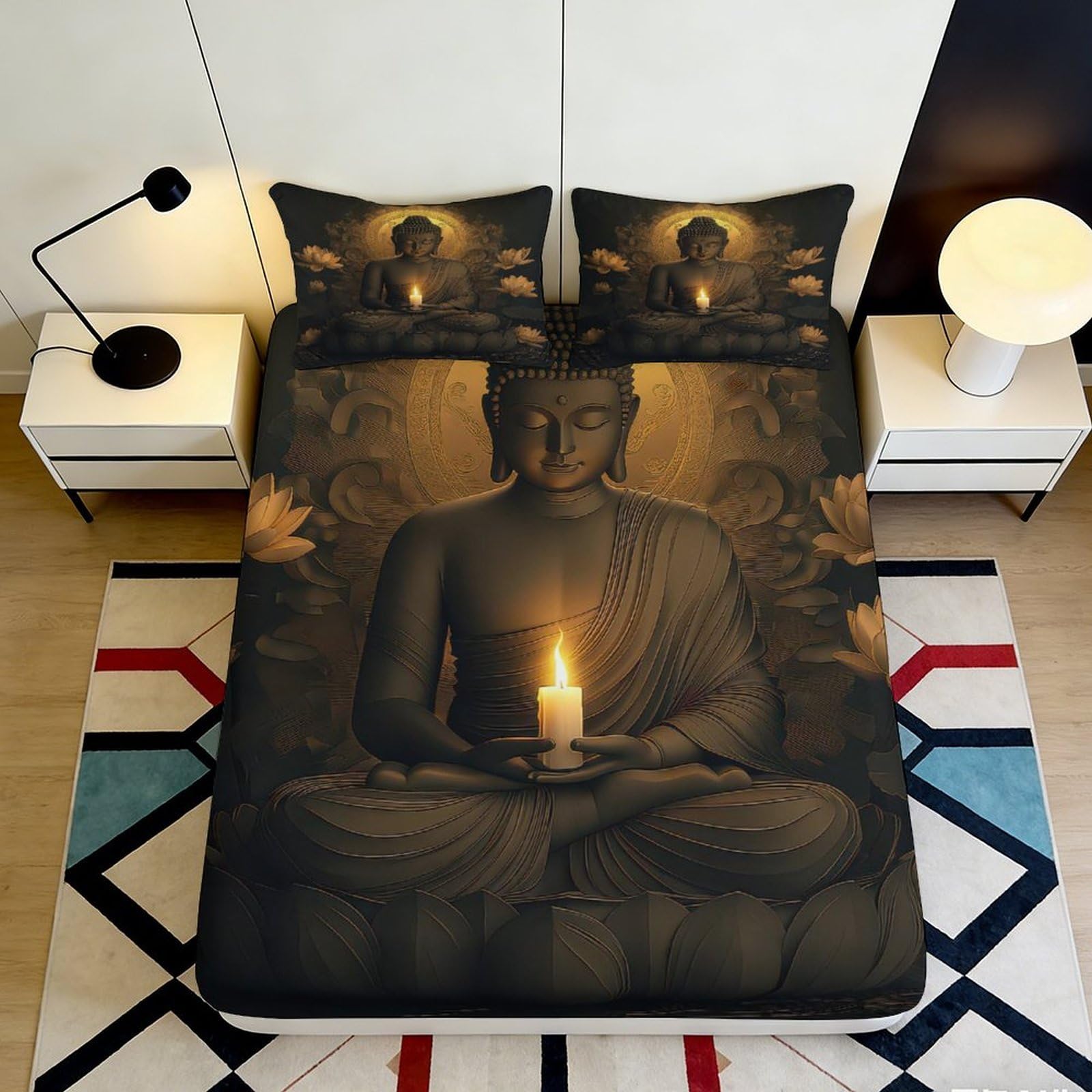 3D Printed Buddha Candlelight Fitted Sheet Microfiber Soft Black Gold Lotus Bed Cover for Bedroom Guest Room Decor 90x200x25cm