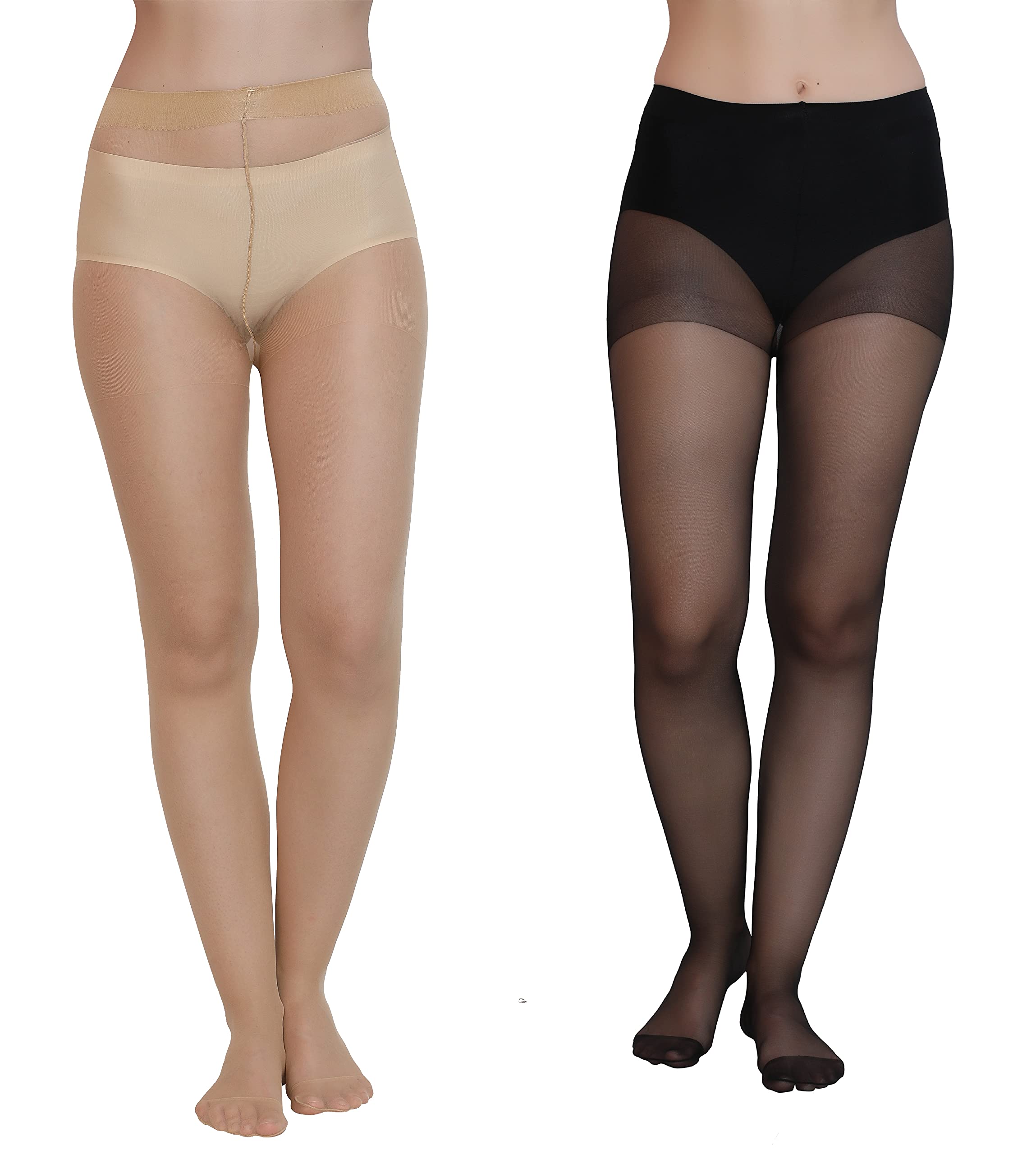 GLAMORASWomen's Nylon Spandex Sheer Pantyhose/Stockings for Medium Size(PACK OF 2) Black/Beige (Fits Waist 24"-34")