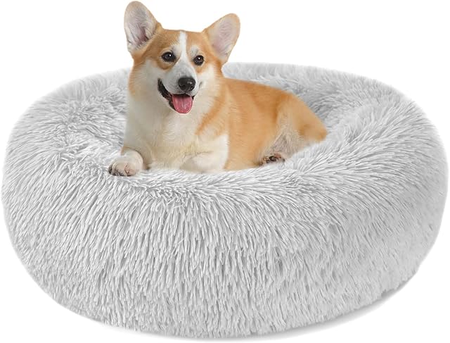 Calming Dog Cat Donut Bed - 23.6in Fluffy Plush Puppy Kitten Cuddler Round Bed, Warm and Soft Pet Cosy Anti Anxiety Beds with Non-Slip Bottom and Washable (L-60CM, Grey)