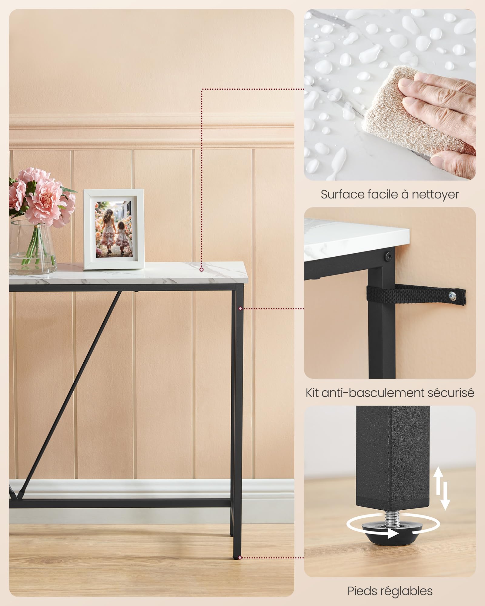 VASAGLE Table Console, Table d’Entrée, Bout de Canapé Fin pour Salon, Table de Couloir, Montage Facile, Blanc Marbré et Noir d'encre LNT020W01