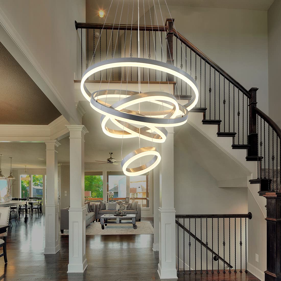 Modern Dimmable 5-Ring LED Chandelier - Acrylic, Remote Control, Adjustable For High Ceilings
