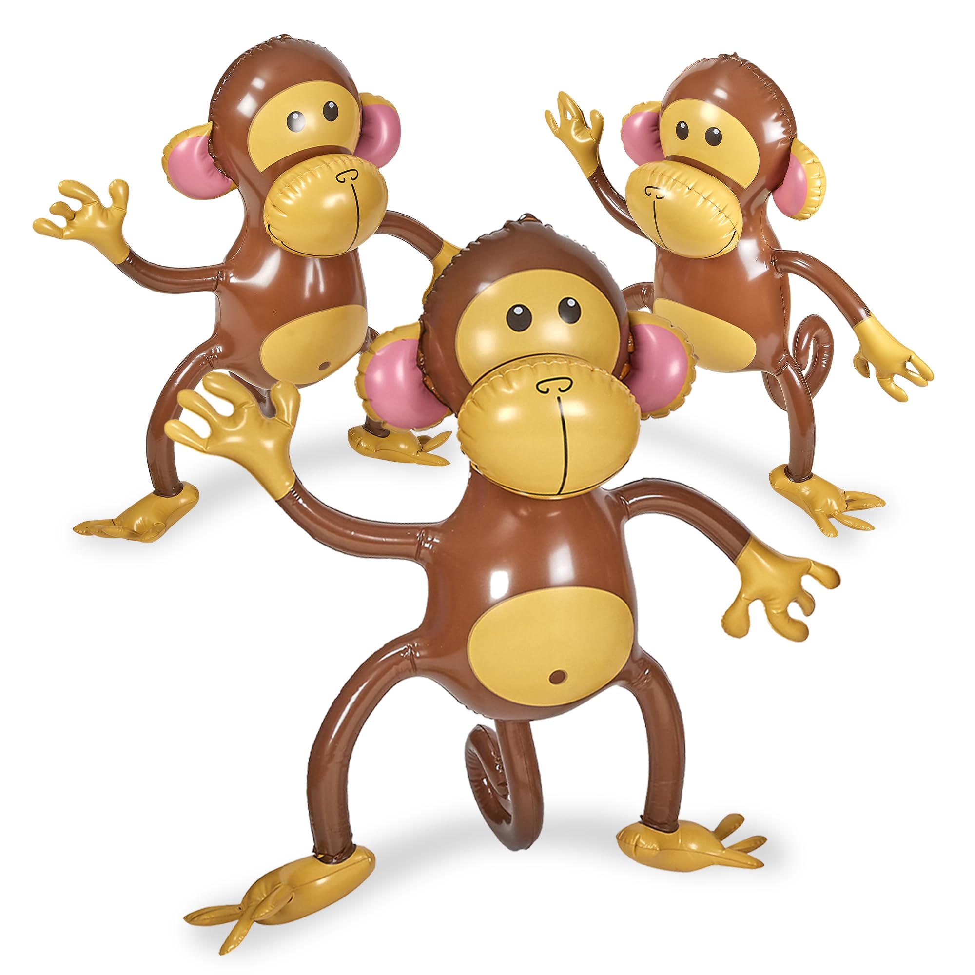 PlaybeesLarge Inflatable Monkey 27" - 3 Pack Blow Up Animal Party Favors - Inflatables Jungle Decor, Monkeys for Baby Shower, Safari Birthday Kids & Toddlers Decorations, Kids Animal Party Supplies