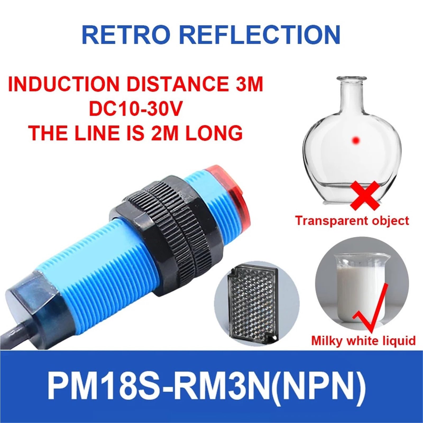 M18 Fotocellula di rilevamento del vetro trasparente Riflettore diffuso Sensore fotoelettrico Sensore di prossimità Rilevatore di movimento