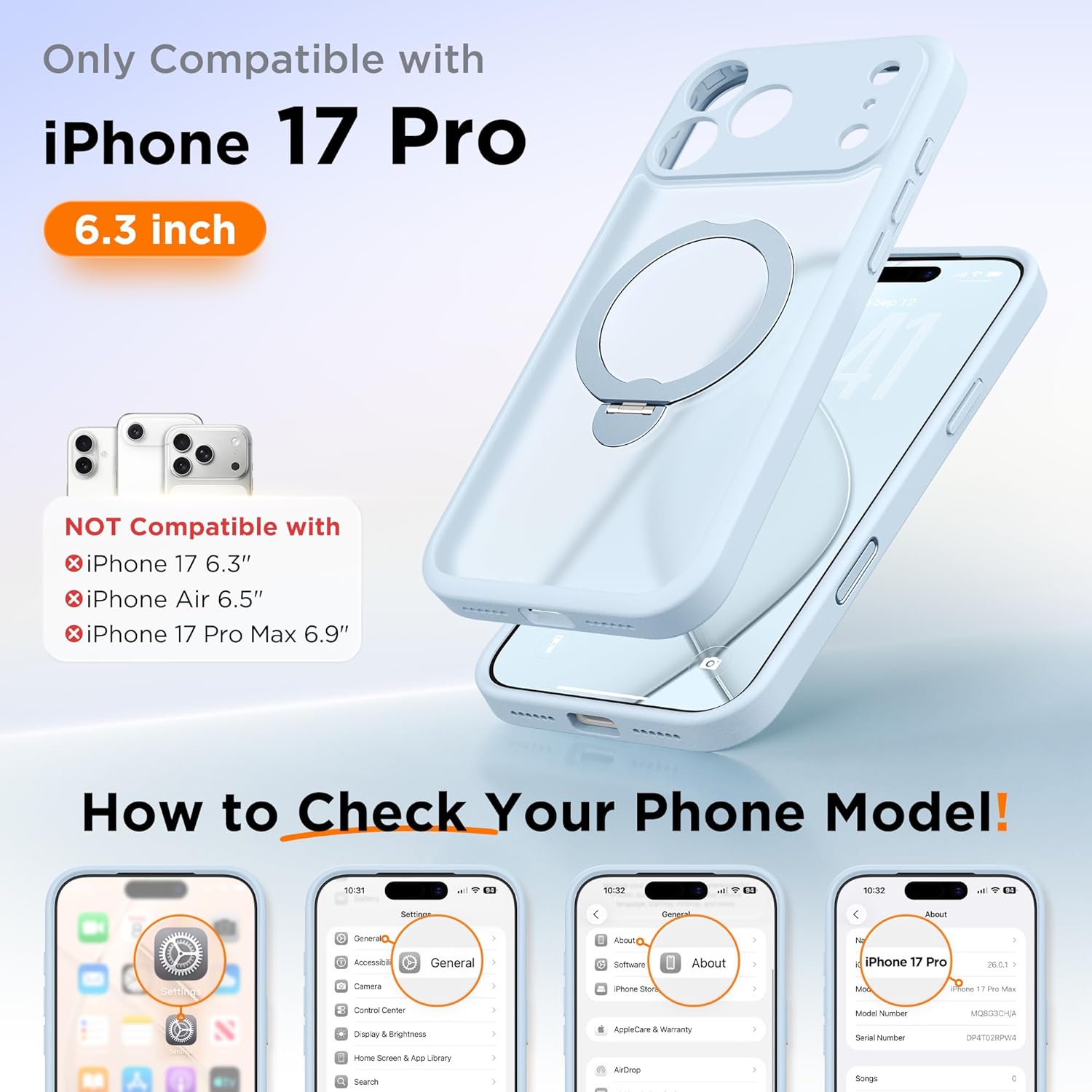 GolbinBox 360° Spin Magnetic Stand for iPhone 17 Pro Case, [Compatible with MagSafe] [Full Camera Protection] [16FT Military Drop Protection], Silm Translucent Matte Phone Case, Baby Blue - Image 2