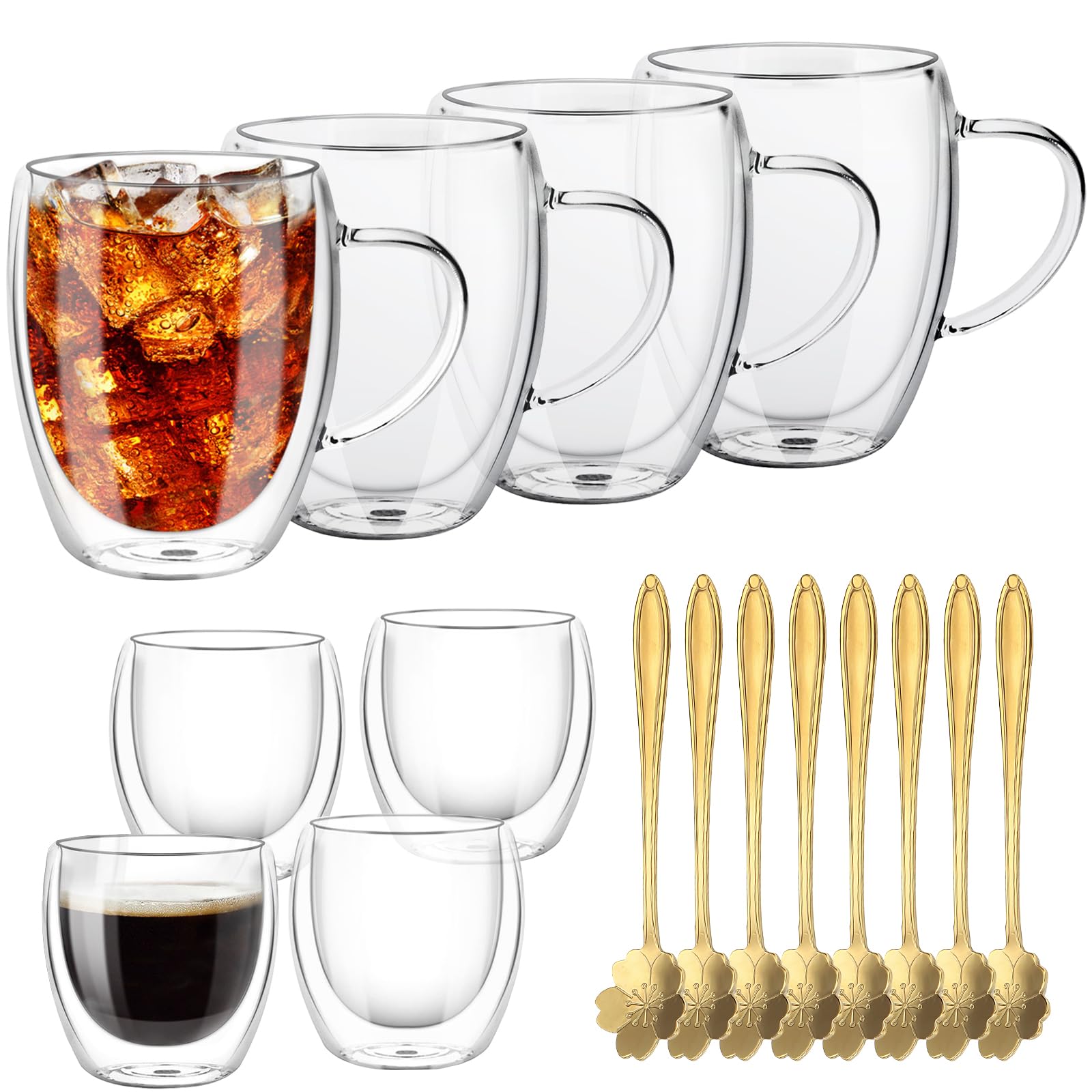 TBRFP Double Walled Glass Coffee Cups and Mugs,4x350ml & 4x80ml Heat Resistant Cappuccino Latte Macchiato Glasses Cups,Clear Borosilicate Glass Cup for Hot Drinks Tea Milk Juice Ice Cream