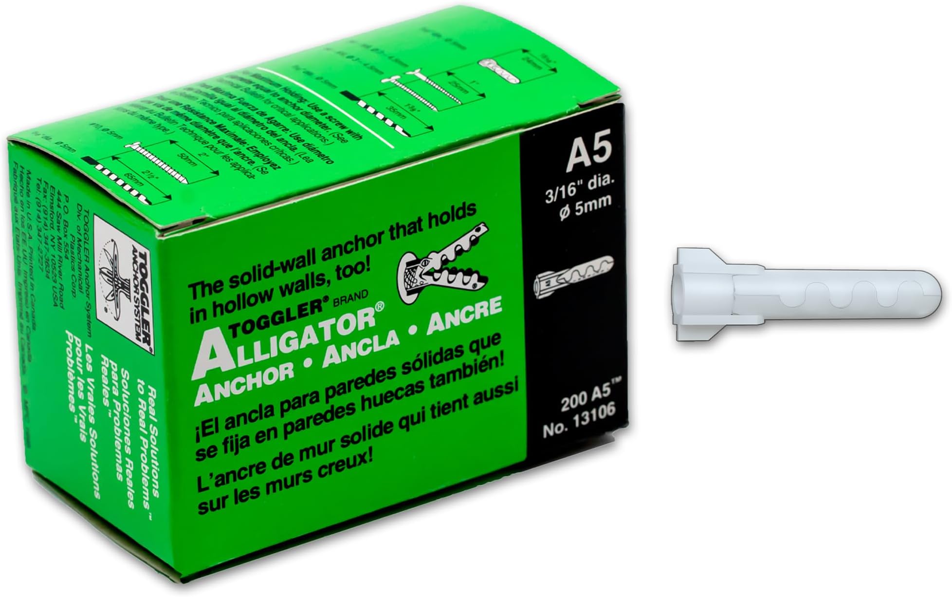 TOGGLER Alligator A5 Screw Anchor, Plastic, 3/16" Diameter, 15/16" Length, #4 to #9 Threads, Pack of 200
