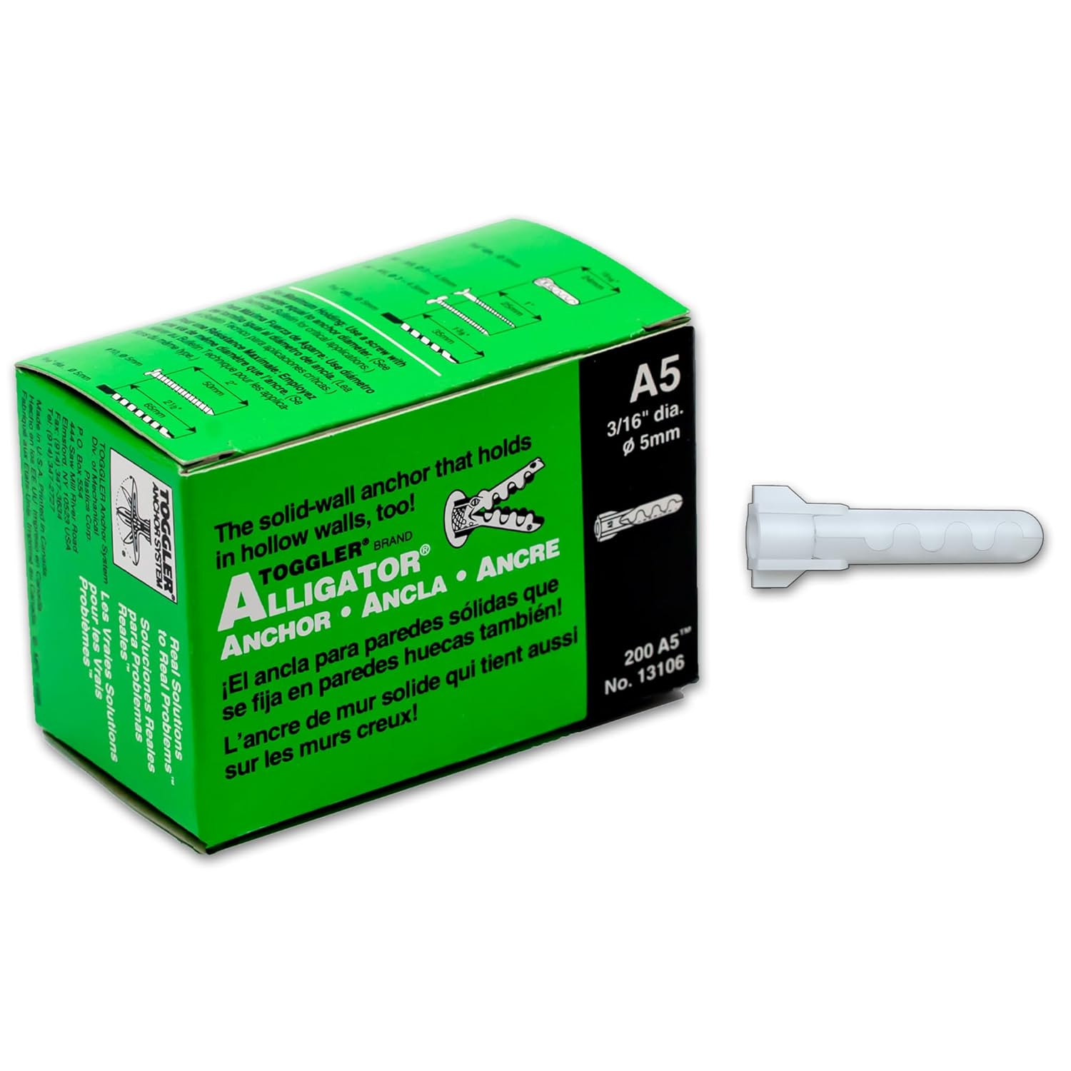 TOGGLER Alligator A5 Screw Anchors, Plastic Expansion Anchors for Concrete, Brick, Stone & Drywall, Fits #4–#9 Screws, 3/16" x 15/16", Heavy Duty, 75 lb in 1/2" Drywall (Pack of 200 w/o Scews)