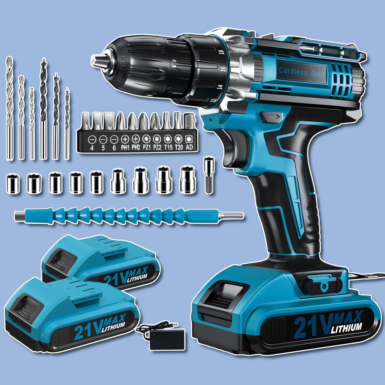 Drill, 21V Cordless Drill with Dual 2.0Ah Power Pack and Charger, Electric Power Drills Set, 3/8 Inch Chuck, 25+1 Torque, 2 Speed 29 Accessories Tool for DIY, Gifts
