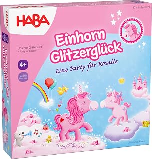 HABA Einhorn Glitzerglück – Eine Party für Rosalie – Kooperatives Lauf- und Sammelspiel für 2-4 Spieler ab 4 Jahren – Brettspiel, Kinderspielzeug - 2012228001