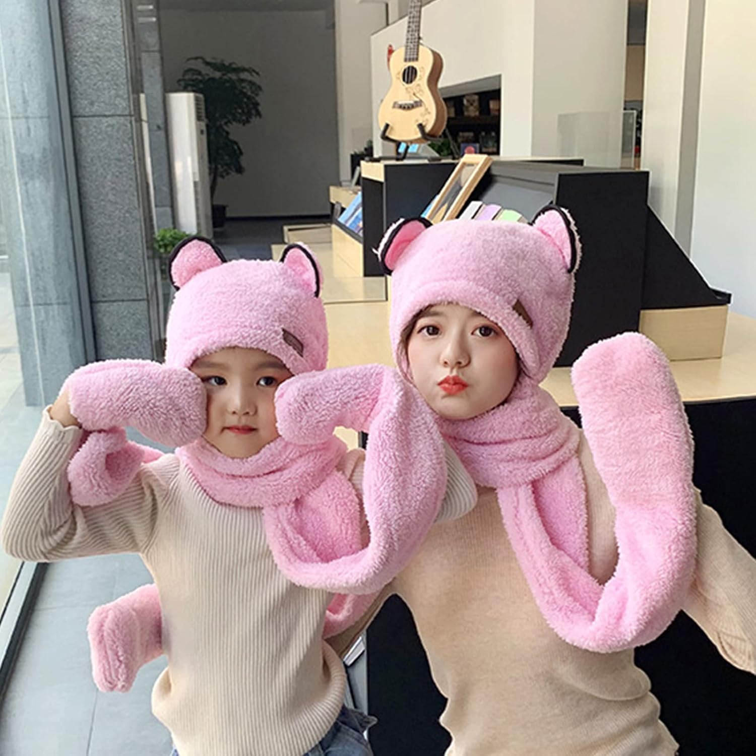 Scarf,2-10Y,10+Y Earflap Cap Parent-child Hat Warmer Plush Scarf With Pocket Bear Ear Winter Hat Scarf Gloves Set Scarf(Khaki,Medium)