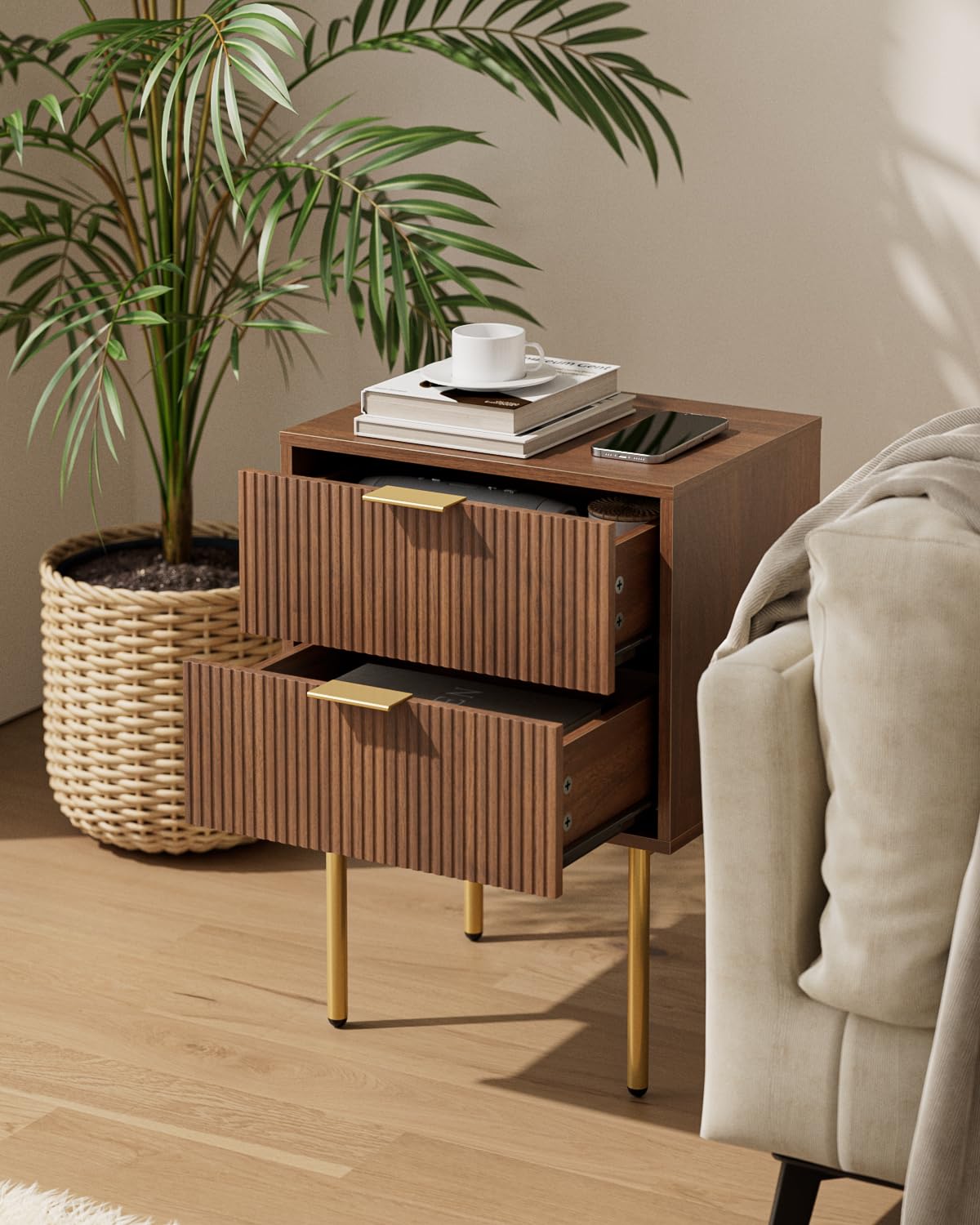 HEYZOEY Nachttisch, Nachtschrank mit 2 Schubladen, Modern Nachtkästchen, Boho Nachtkommode für Schlafzimmer, Wohnzimmer,Nussbaum