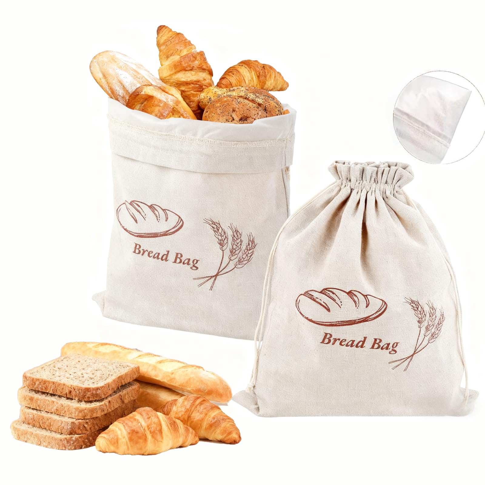 KiauFdcf 2 Pack Bread Bags, 15 x 12 Inches Bread Storage Bags-TPU Lined-Extend The Shelf Life, Bread Bags For Homemade Bread, Reusable Linen Bread Bag, Can Be Used To Store Bread, Potatoes, And Other