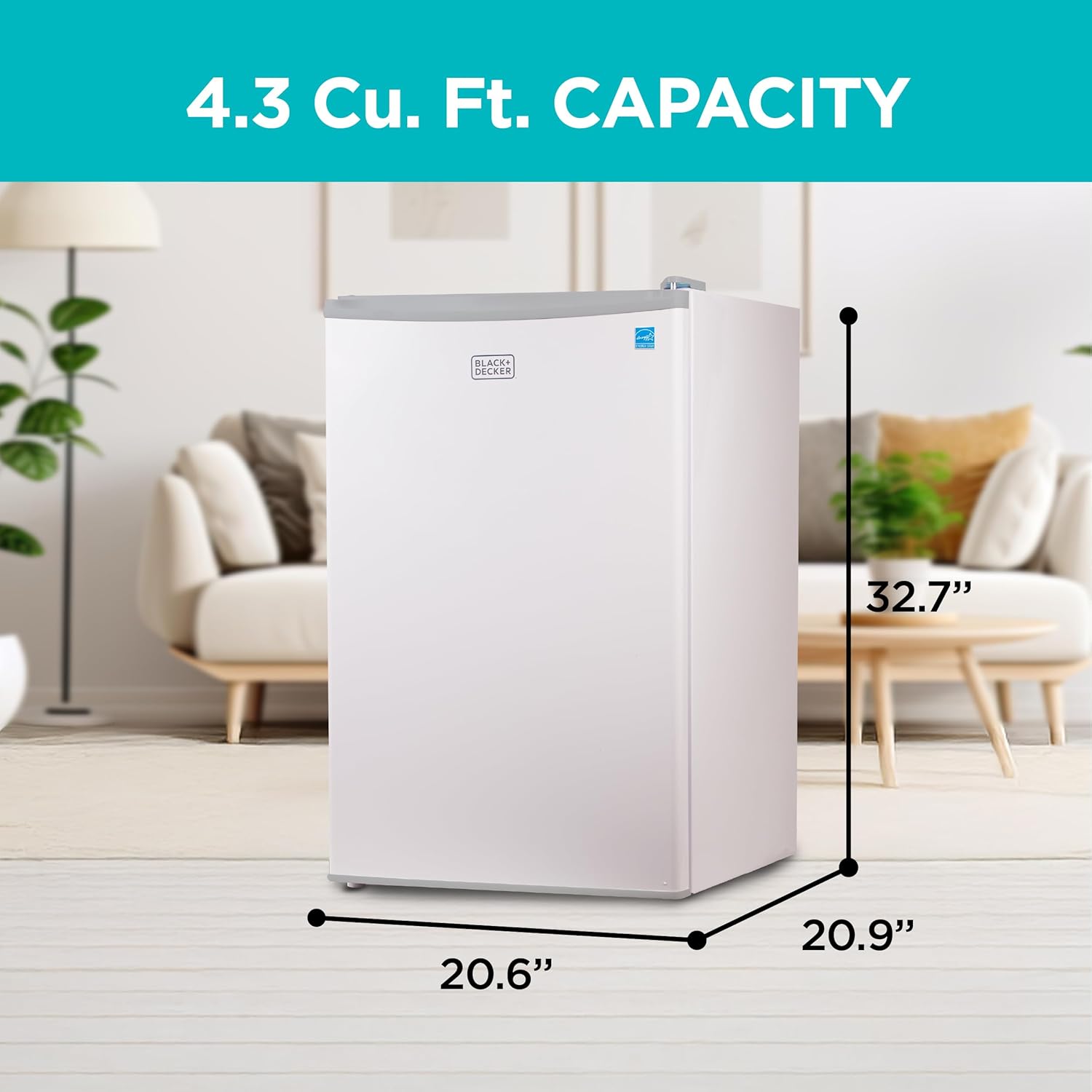 BLACK+DECKER 4.3 Cu. Ft. Compact Refrigerator, ENERGY STAR Certified Small Refrigerator, Single Door Mini Fridge with Chiller Compartment, Personal Fridge for Home or Dorm Room, BCRK43W, White