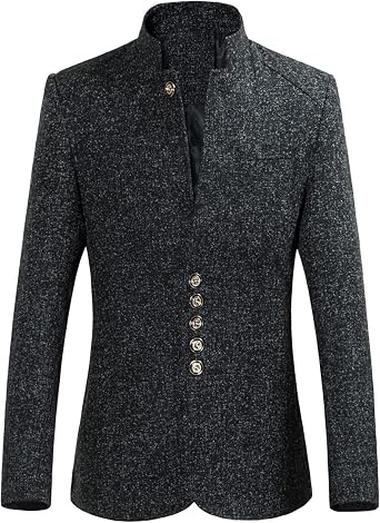 Maiyifu-GJ Men Stand Collar Retro Blazer Jacket Winter Solid Slim Fit Chinese Tunic Suit 5 Button Mandarin Collar Sport Coat