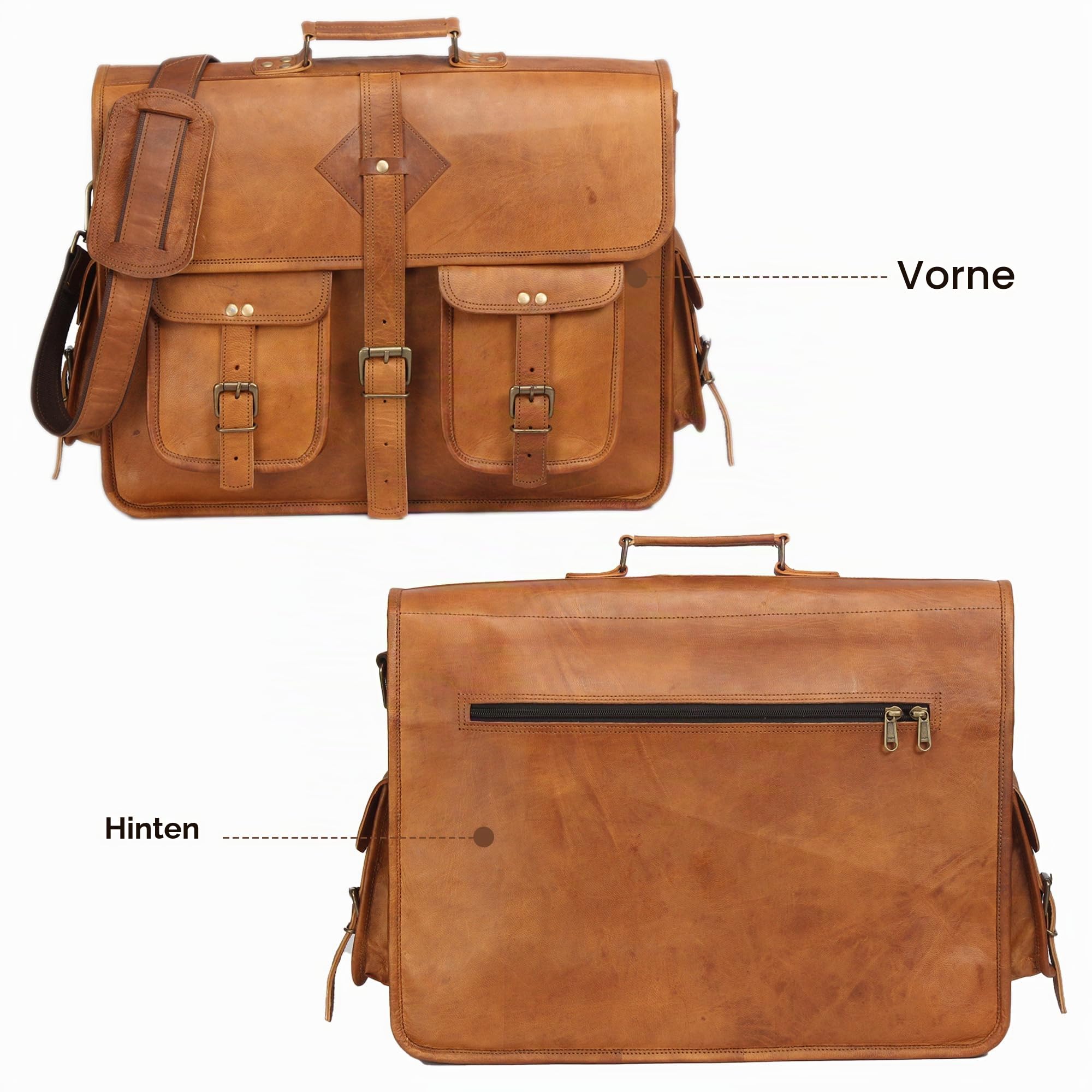 Vintage Leather Laptop Bag for Men Full Grain Large Leather Messenger bag for men 18 inches with rustic look Brown briefcase