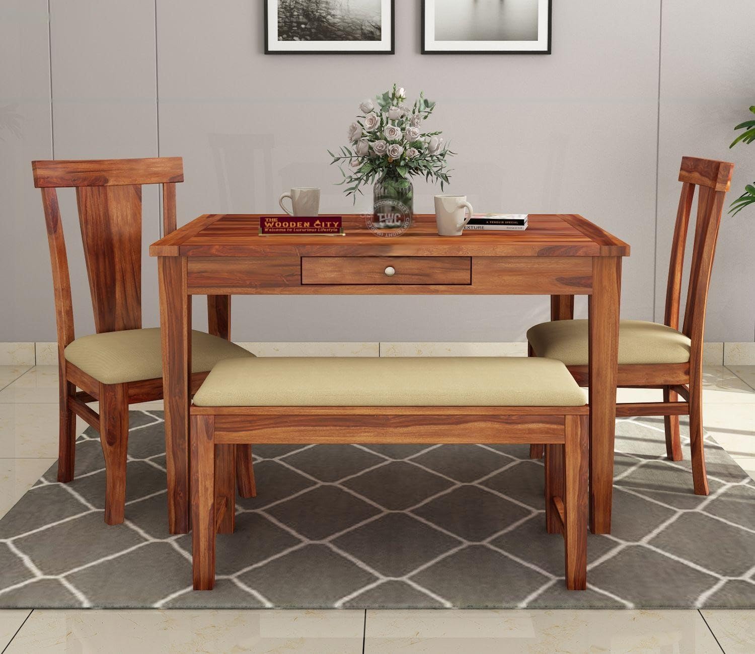 THE WOODEN CITY®️ Solid Sheesham Wood Dining Table 4 Seater Set with 2 Chairs & 1 Bench & Drawer Storage Dinner Table Set for Dinning Room Home,Hotel and Office|Modern Dining Room Set(Honey)