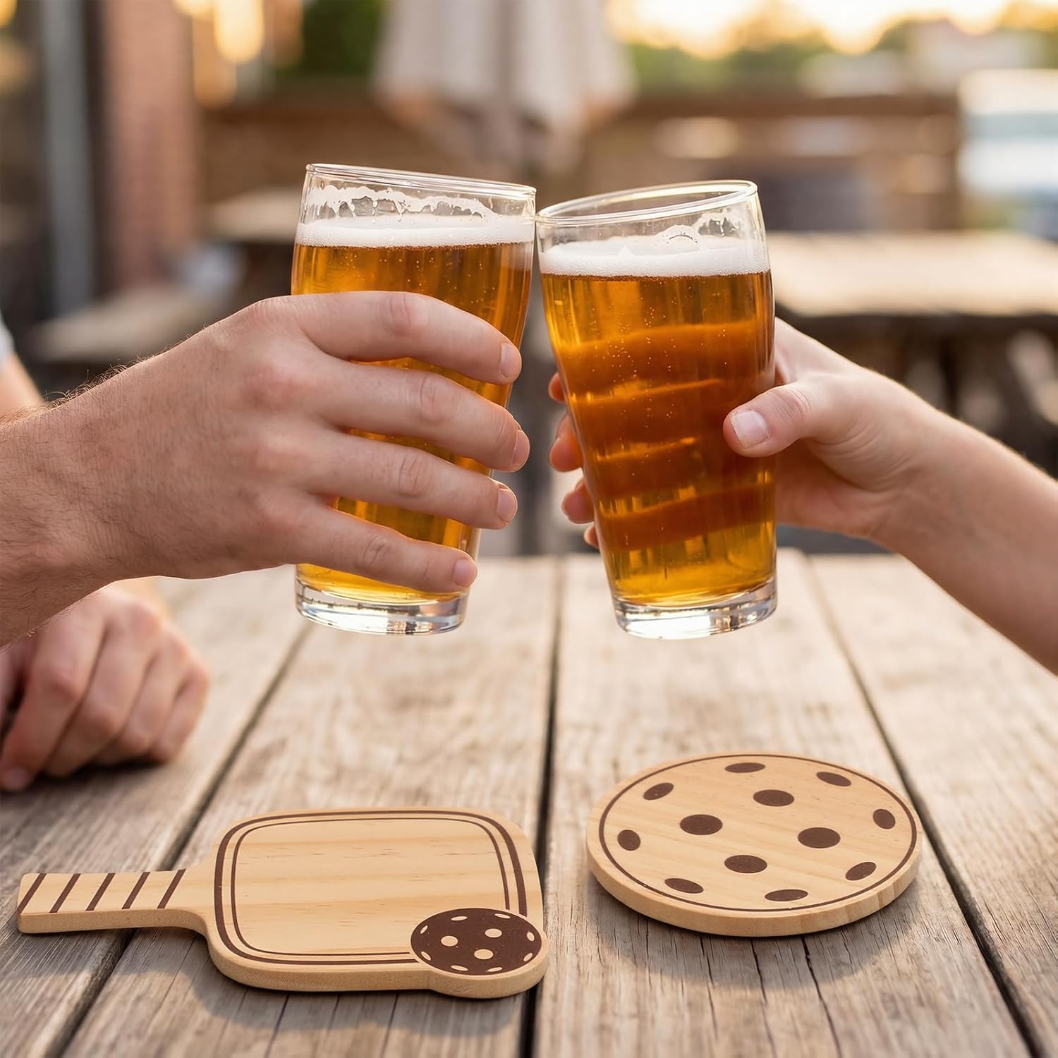 Hushee 6 Pack Dinkball Drink Coasters Wood Coasters Set Paddle Shape with Handle Funny Gift for Women Men Sports Lovers Fans Party Favors Decorations