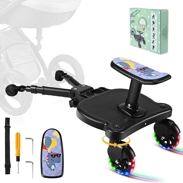BugyKido Universal Buggy Board, Kiddy Board with LED Flashing Wheels, Buggy Board with Patterned Seat, Compatible with Over 99% of Pushchairs, Pram Standing Board for Children from 2-6 Years(55lbs)