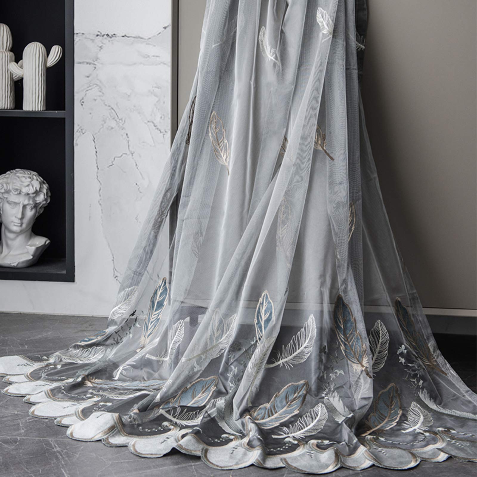 Voile de luxe rideaux transparents haut de gamme broderie plumes grises 300x270 cm à crochets