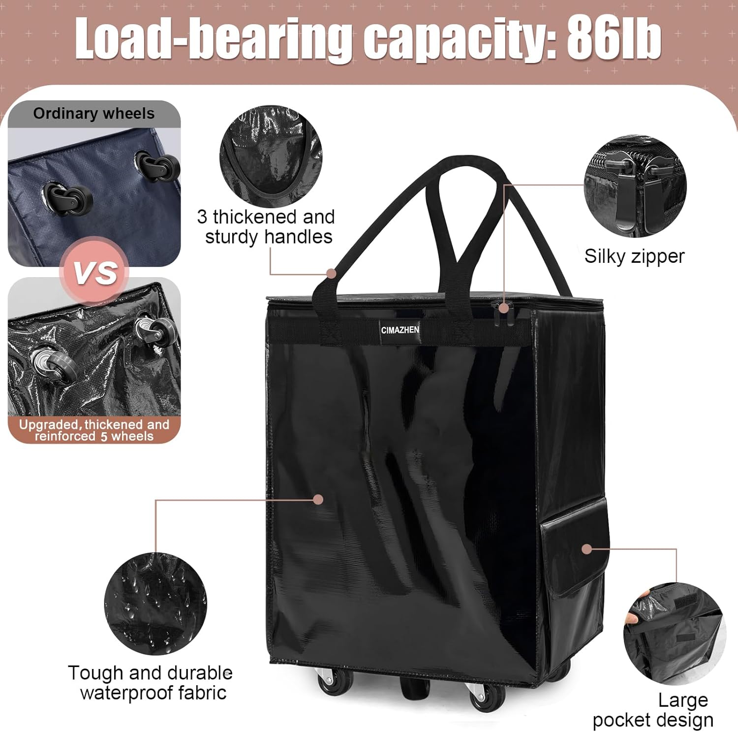 (Large,Black) Reusable Grocery Bag on 5 Wheels, Foldable Rolling Tote Bag with 3 Handles and Zipper, Storage Organizer for Groceries, Rolling Shopping Cart for Travel, 86lb