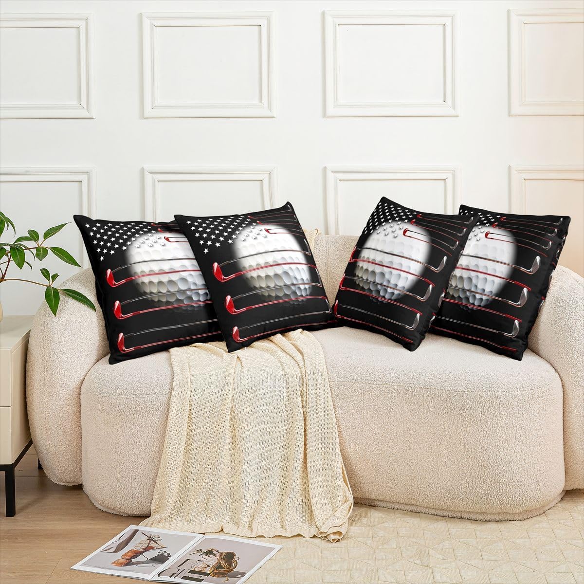 Erosebridal Pack of 4 Golf Pillow Covers for Men, American Flag Throw Pillow Covers 18x18 Inch Golf Shape Pattern Cushion Covers, Sports Games Stars Stripes Golf Decorative Pillow Covers, Black Red