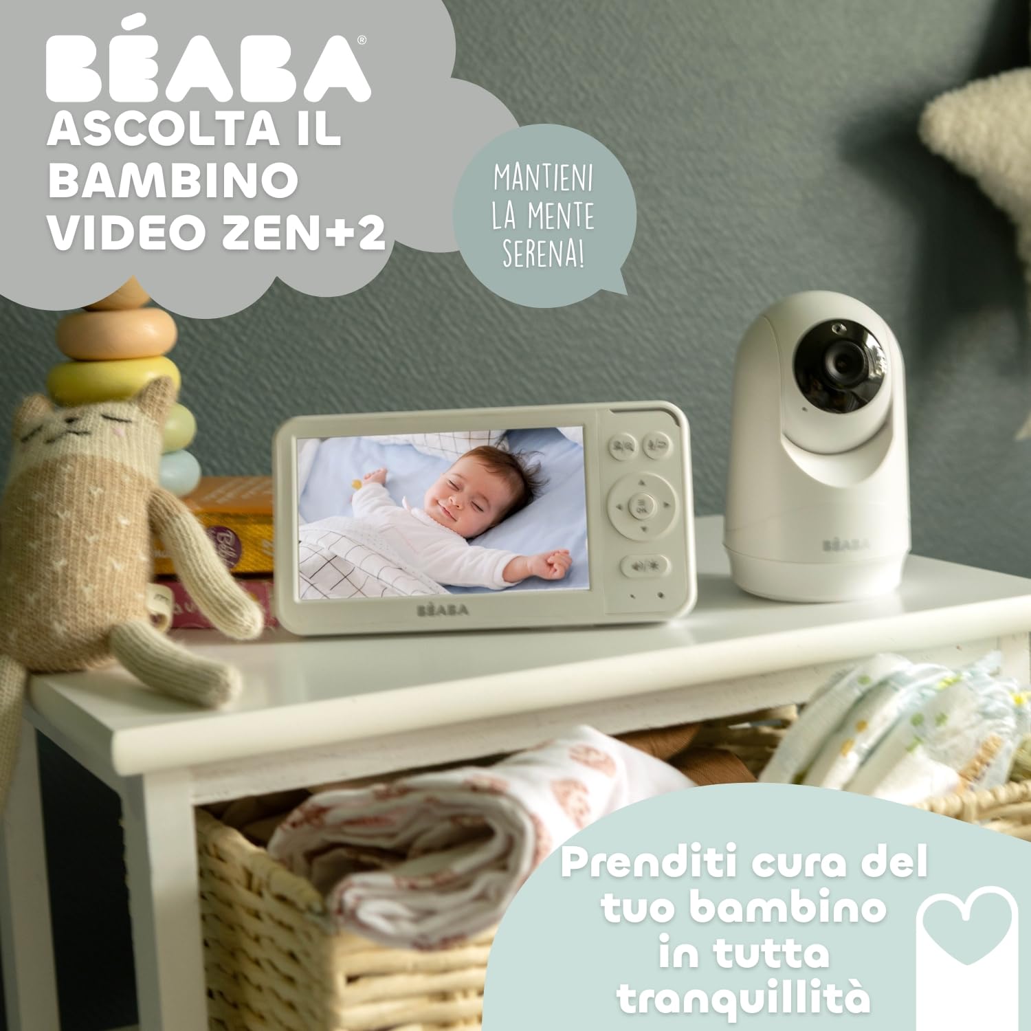 BÉABA, Baby Monitor Camera Zen Plus 2 - Camera 360°, Schermo HD da 5 Pollici, Visione Notturna, Talkie-Walkie, Termometro, 8 Ninne Nanne, Portata 300 m, Batteria 20h, 4 Videocamere Collegabili, Bianco