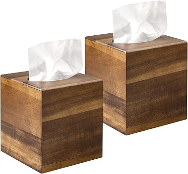 2 Pack Wooden Tissue Box Cover Square - Acacia Wood Tissue Box Holder for Tabletop Stands Bathroom Office- Decorative Facial Wood Tissue Box Cover for Modern Farmhouse Decor-Standard Walnut Color