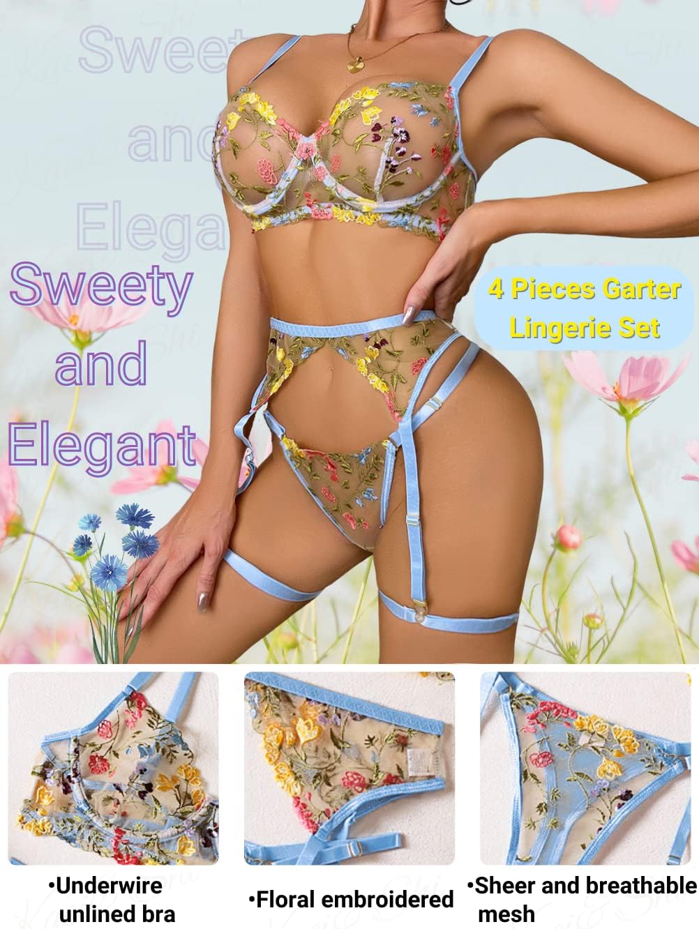 Kaei&Shi Vibrant Floral Embroidery, Underwire, Thong, Thigh Straps, Lingerie Set - Image 2