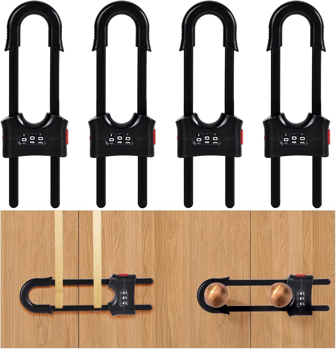 4 Packs Cabinet Locks U Shaped Sliding Cabinet Lock Baby Proofing Safety Locks with Combination Adjustable Childproof Latches for Adults, Handles on Kitchen Doors and Home Drawers Closet (Black)