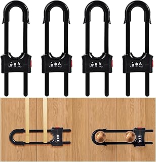 4 Packs Cabinet Locks U Shaped Sliding Cabinet Lock Baby Proofing Safety Locks with Combination Adjustable Childproof Latches for Adults, Handles on Kitchen Doors and Home Drawers Closet (Black)
