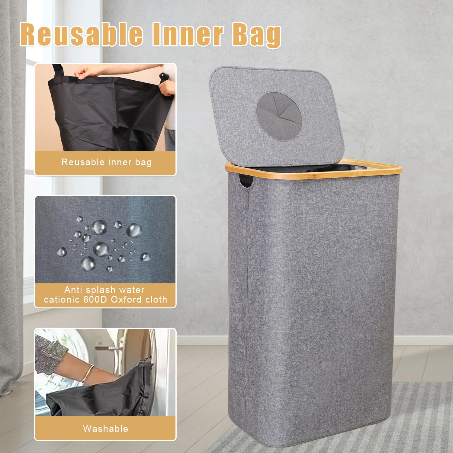 26 gallon/100l kitchen recycling bin with lid & 1 reusable inner bags - ideal for bottles, cans, glass, plastic waste (grey)